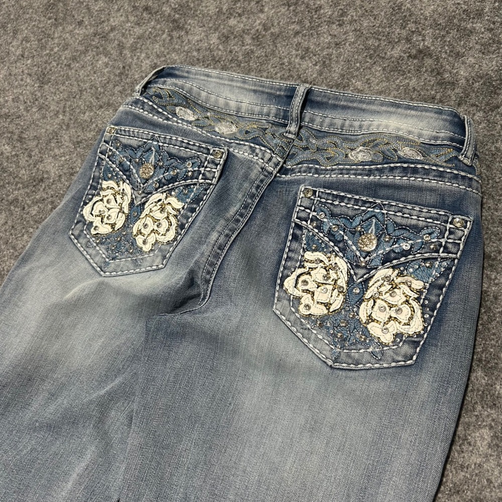 Telepatia Y2K Rhinestone Floral Embroidered Flare Jeans Blue Size 9/29